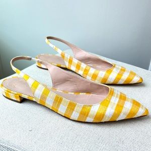 J. Crew sling back flats in yellow and ivory silk Gingham (size 9 1/2)